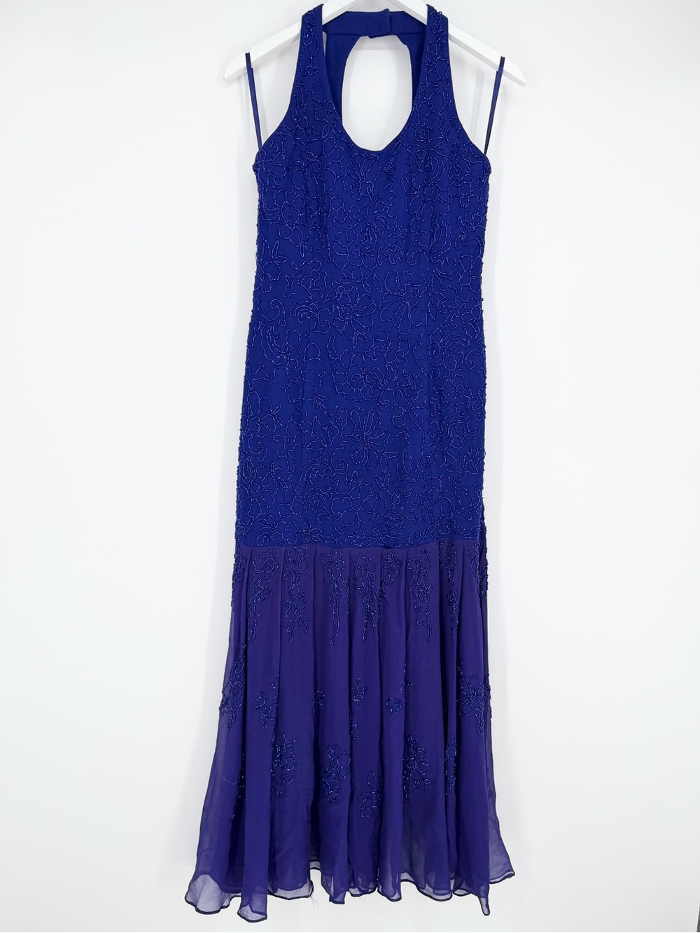 Vintage Carmen Marc Valvo Beaded Halter Mermaid Hem Dress Gown Formal Open Back
